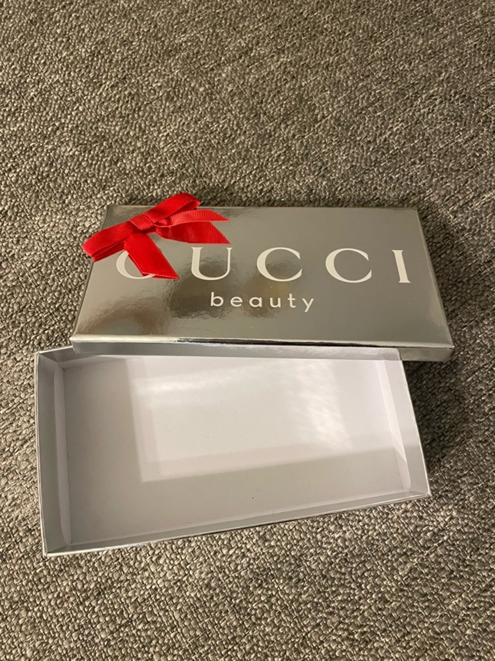 Gucci Silver Beauty Gift Box with Red Bow Accent